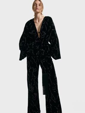 H&M Black Velvet Wide-Leg Jumpsuit with Bead Embellishment